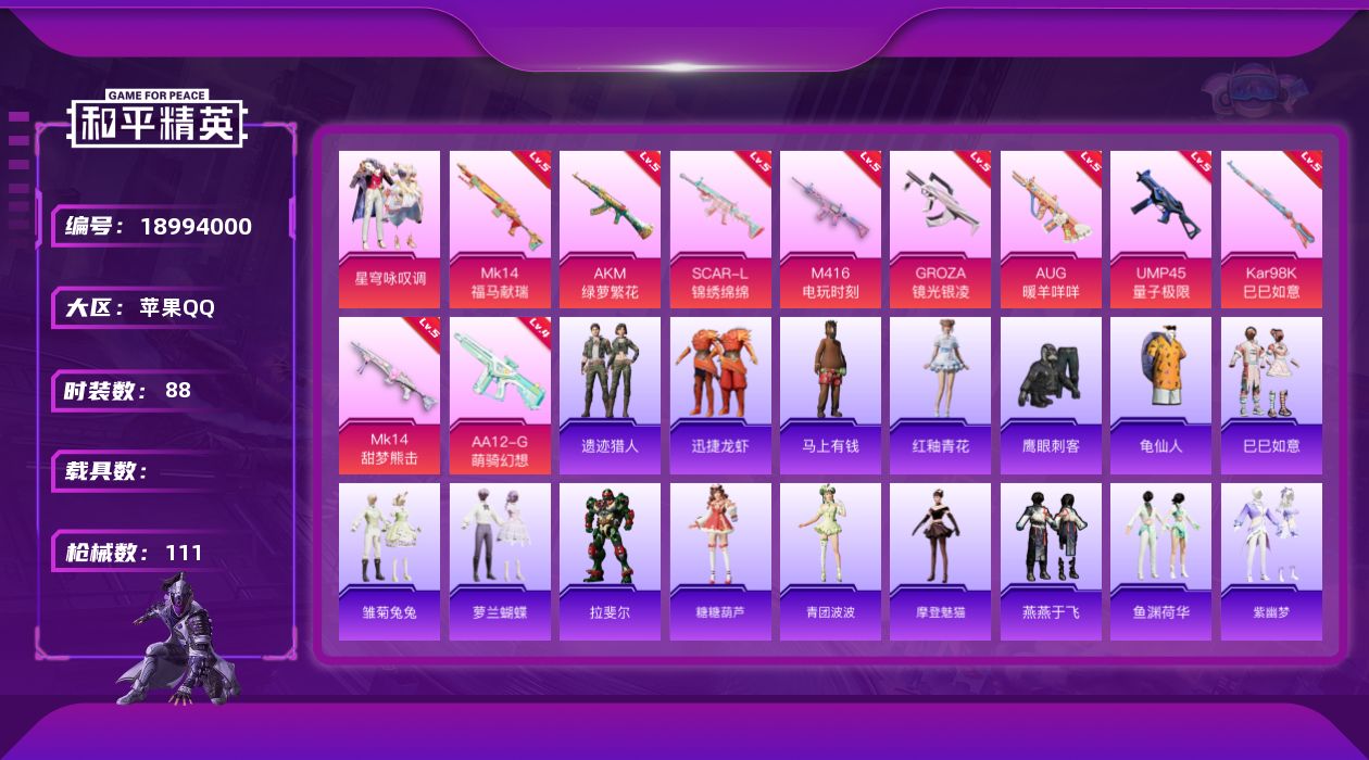 和平精英账号苹果QQ[18994000]苹果 手Q-1粉装-10特效枪-0载具-0粉色飞行器-33998热力值-4王牌印记-88套装-111枪皮
【热门品类】：套装-龟仙人
【粉色套装】：粉装-星穹咏叹调
【粉色枪皮等级