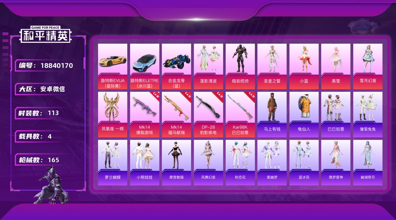 和平精英账号安卓微信[18840170]113套装/枪械4/装备192/载具4/战备132/王牌印记10/热力值53342/五级Kar98K-巳巳如意/六级Mk14-爆裂游戏/五级MK14-福马献瑞/五级DP-28-豹影