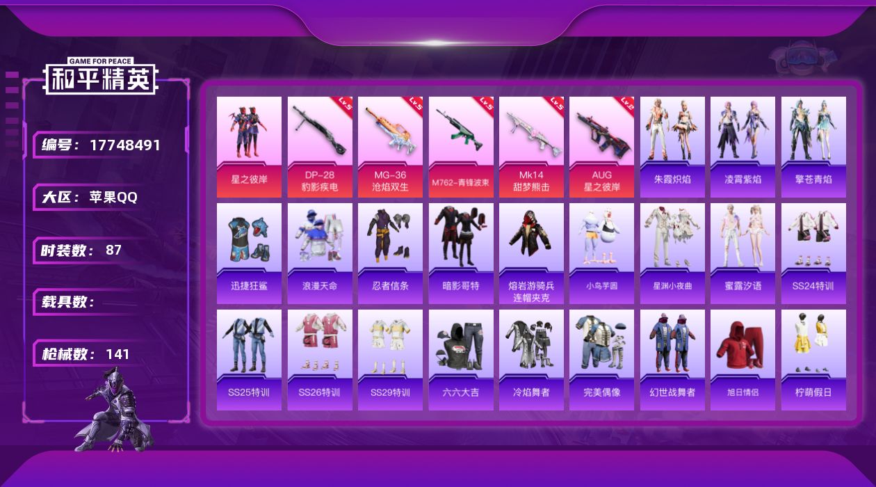 和平精英账号苹果QQ[17748491]苹果 手Q-1粉装-9特效枪-0载具-2粉色飞行器-35379热力值-3王牌印记-87套装-141枪皮
【热门品类】：套装-浪漫天命，套装-忍者信条，套装-AG战队服，套装-暗影哥