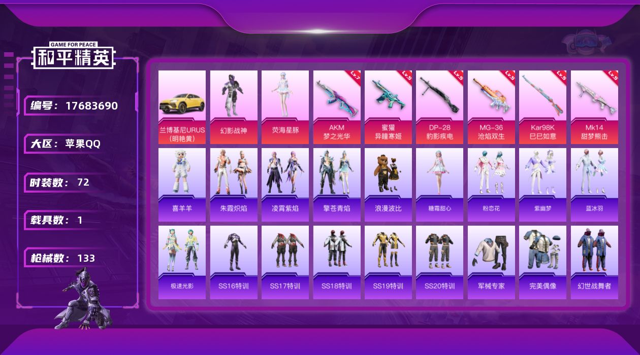 和平精英账号苹果QQ[17683690]苹果 手Q-2粉装-8特效枪-1载具-1粉色飞行器-38503热力值-7王牌印记-72套装-133枪皮
【热门品类】：套装-浪漫波比
【粉色套装】：粉装-幻影战神，角色-荧海星豚
