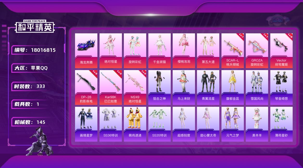和平精英账号苹果QQ5粉装 6特效枪 1载具 11印记 可二次 可修改实名 
【热门装扮】樱桃泡泡,千金淑猫,绝对恒星,