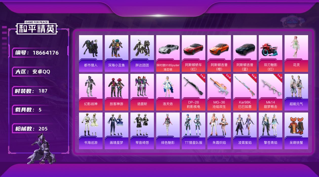 和平精英账号安卓QQ[18664176]粉装5/粉枪7/载具5/珍稀飞行器130245,103445,72277,126488/套装187/枪皮205/热力值71195/历史最高段位:王牌印记4次/Lv:65/三级AKM