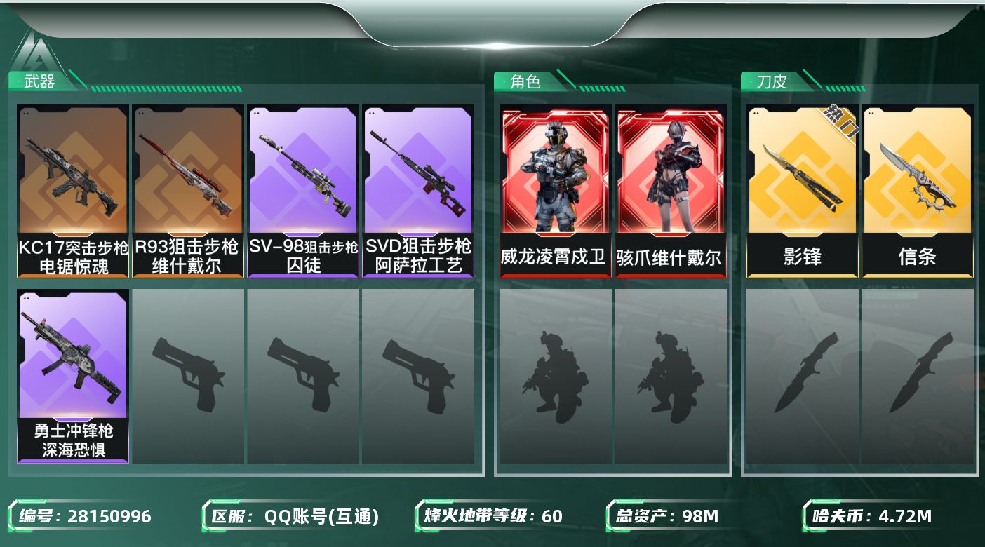 三角洲行动账号QQ[28150996]【终身售后 找回包赔】QQ包人脸，【总资产】：98M，【烽火段位】：无段位，【全