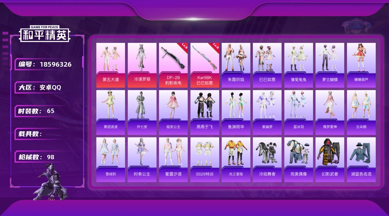 和平精英账号安卓QQ[18596326]安卓 手Q-2粉装-4特效枪-0载具-0粉色飞行器-25200热力值-3王牌印记-65套装-98枪皮
【粉色套装】：粉装-第五大道，角色-冷漠罗丽
【粉色枪皮等级】：ACE32-萌