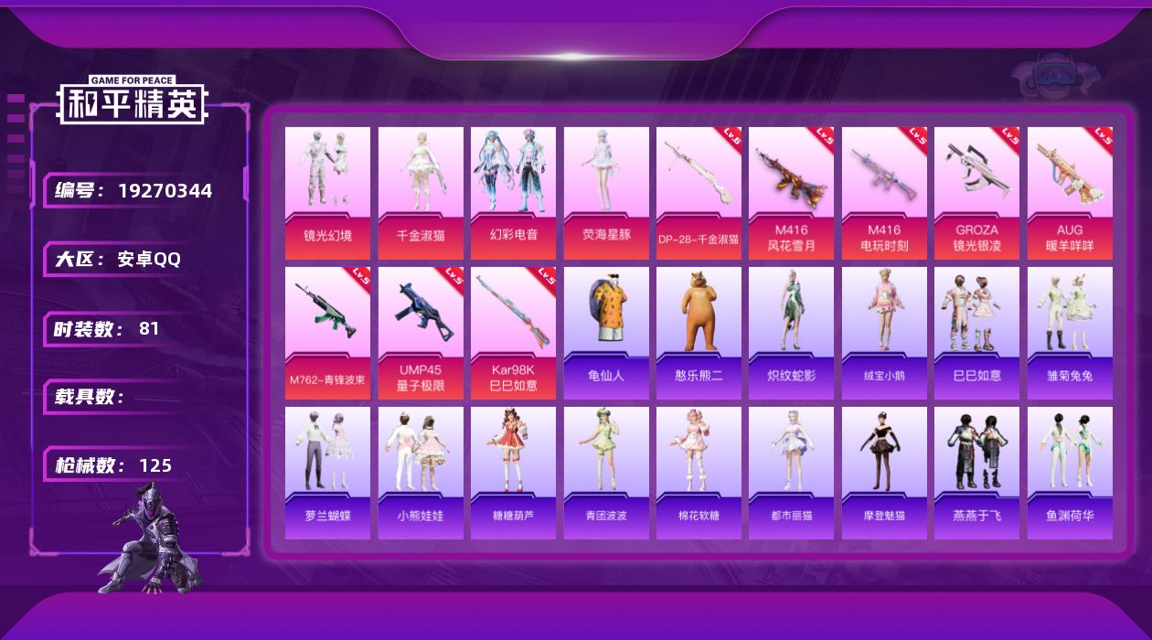 和平精英账号安卓QQW5655    可立即换绑无需挂单养号   安卓 手Q-4粉装-8特效枪-0载具-38143热力值