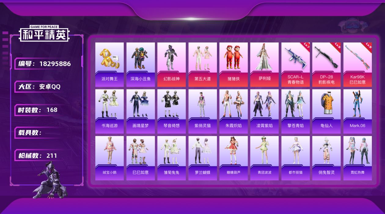 和平精英账号安卓QQ[18295886]安卓 手Q-4粉装-5特效枪-0载具-1粉色飞行器-60548热力值-5王牌印记-168套装-211枪皮
【热门品类】：套装-派对舞王，套装-深海小丑鱼，套装-龟仙人，角色-Mar