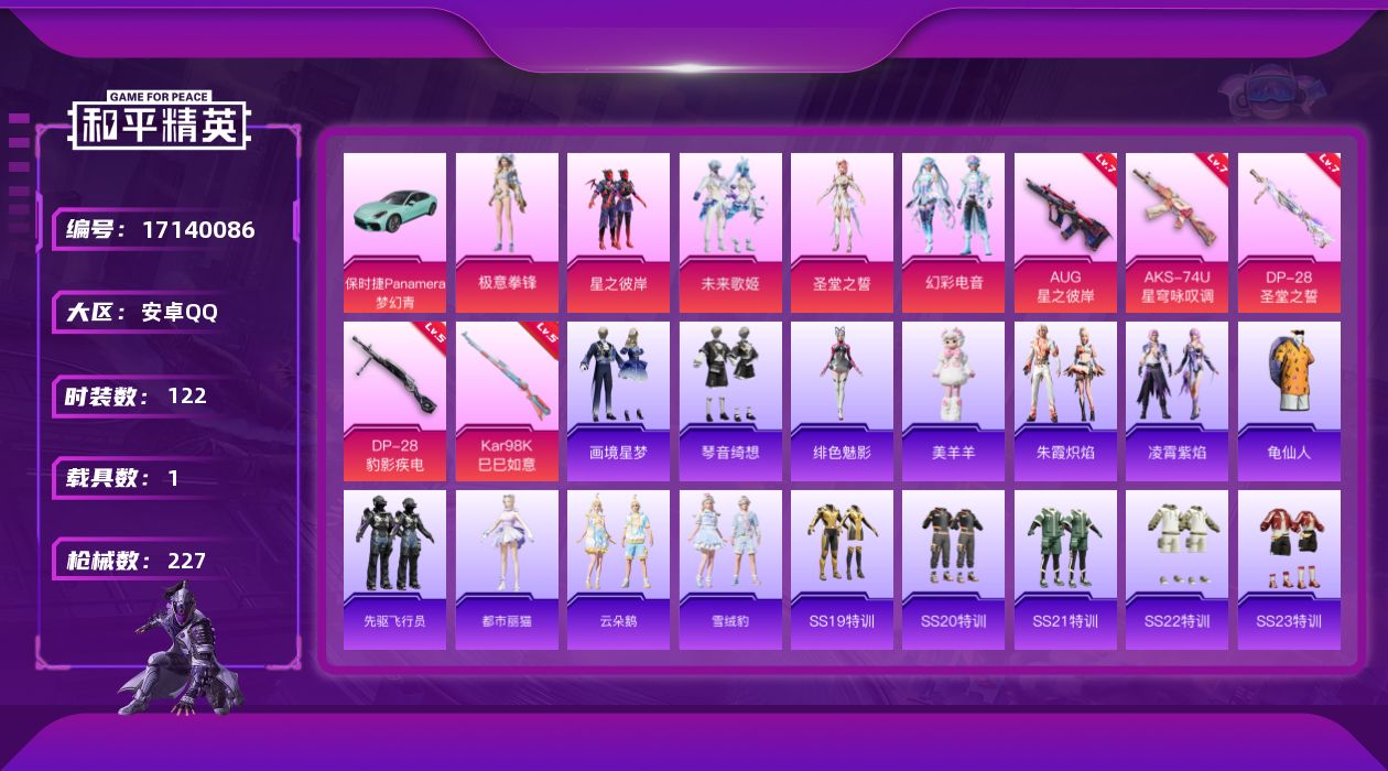 和平精英账号安卓QQ[17140086]安卓 手Q-5粉装-7特效枪-1载具-3粉色飞行器-63184热力值-6王牌印记-122套装-227枪皮
【热门品类】：套装-龟仙人
【粉色套装】：粉装-星之彼岸，粉装-未来歌姬，