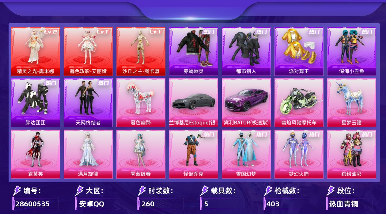 [28600535]安卓手Q历史最高段位卓越王牌20星3神装23粉装29特效枪5载具14粉色飞行器141137热力值17王牌印记260套装403枪皮
【红色神装等级】暮色玫影艾丽娅(一级)精灵之光露米娜(二级)沙丘之主图卡盟(一级)
【红色角色神装】暮色玫影艾丽娅精灵之光露米娜沙丘之主图卡盟
【热门品类】粉装怪诞乔克粉装雪国幻梦粉装梦幻火箭粉装缤纷油彩套装浪漫天命套装赤蝎幽灵套装都市猎人套装派对舞王套装深海小丑鱼套装小丑鱼套装胖达团团套装天网终结者套装忍者信条套装龟仙人套装暗影哥特套装糯粉咩咩套装软软马卡龙熔岩游骑兵连帽夹克套装红熊茄茄
【粉色套装】角色满月旋律粉装极限特训粉装幻影战神粉装怪诞乔克粉装甜心巧克力粉装宝贝奶油派粉装天使彩虹糖粉装雪国幻梦粉装梦幻火箭粉装缤纷油彩粉装放客神游角色洛天依粉装甜梦小狐粉装第五大道角色小可学妹角色烟云彩露角色狂花道·不知火舞角色千金淑猫粉装幻影飞狐角色智耀战神角色霁蓝缠春角色君莫笑人物洛天依·龙灵
【粉色枪皮等级】AKM幽焰骑士(三级)AKM暮色玫影(三级)SCARL甜梦小狐(五级)SCARL锦绣绵绵(五级)SCARL云端童话(五级)M416暖熊萌萌(五级)M416电玩时刻(五级)GROZA精灵之光(三级)GROZA镜光银凌(五级)AUG星梦奇缘(三级)AUG暖羊咩咩(五级)AUG全息游灵(二级AKM满月旋律)ARX神木藏锋(五级)UMP45萌骑冒险(四级)汤姆逊玉魄流云(五级)AKS74U森灵之息(五级)AKS74U琉璃赤心(五级)Kar98K巳巳如意(五级)Mk14甜梦熊击(五级)Mk14福马献瑞(四级)M417第五大道(四级)M200梦海之灵(三级)SVD月影灵韵(二级)AA12G其乐融融(五级)DP28千金淑猫(二级)DP28豹影疾电(五级)PKM江南烟雨(四级)MG36沧焰双生(五级)爆炸猎弓拳皇·狂花道(四级)
【粉色载具】兰博基尼Estoque银翼灰宾利BATUR极速紫幽焰风驰摩托车星梦玉骢暮色幽蹄
【粉色枪皮】AKM幽焰骑士AKM暮色玫影AKM满月旋律SCARL甜梦小狐SCARL锦绣绵绵SCARL云端童话M416暖熊萌萌M416电玩时刻GROZA精灵之光GROZA镜光银凌AUG星梦奇缘AUG暖羊咩咩ARX神木藏锋UMP45萌骑冒险汤姆逊玉魄流云AKS74U森灵之息AKS74U琉璃赤心Kar98K巳巳如意Mk14甜梦熊击Mk14福马