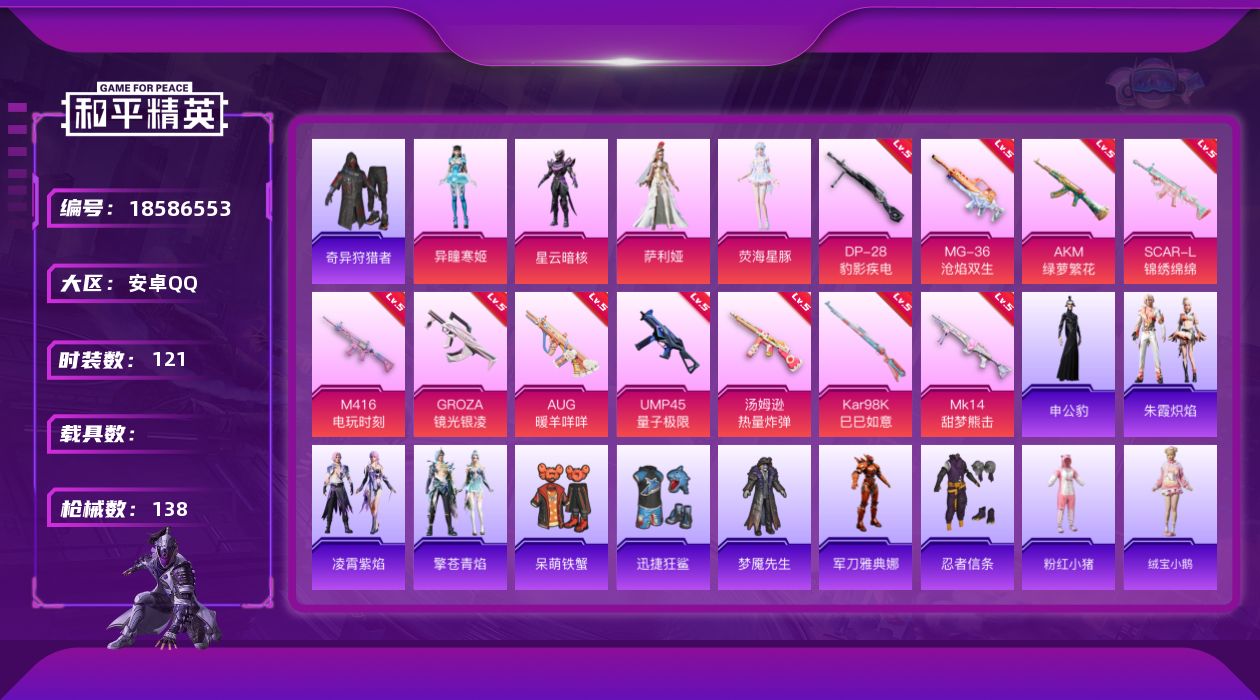 和平精英账号安卓QQ[18586553]粉装4/粉枪16/套装121/枪皮138/热力值41145/历史最高段位:王牌印记7次/Lv:55/五级AKM-绿萝繁花/五级SCAR-L-锦绣绵绵/五级M416-电玩时刻/五级G