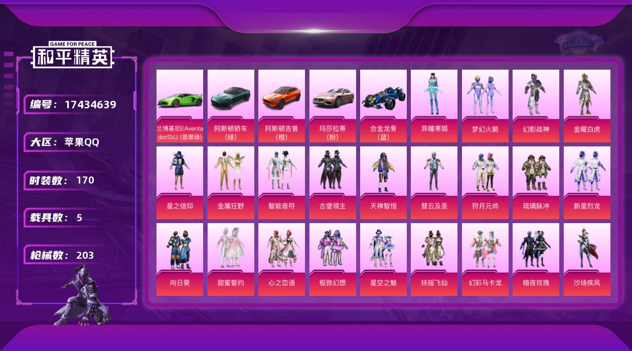 和平精英账号苹果QQ[17434639]可二次【特价出售/店主推荐】苹果 手Q-24粉装-10特效枪-5载具-9粉色飞行器-91526热力值-7王牌印记-170套装-203枪皮
【热门品类】：粉装-梦幻火箭，套装-暗影哥