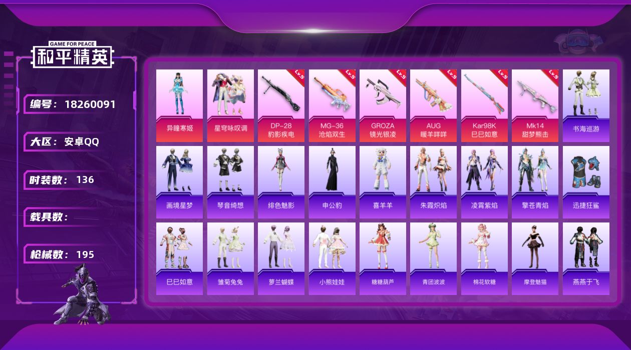 和平精英账号安卓QQ[18260091]安卓 手Q-2粉装-7特效枪-0载具-2粉色飞行器-54563热力值-10王牌印记-136套装-195枪皮
【粉色套装】：粉装-星穹咏叹调，角色-异瞳寒姬
【粉色枪皮等级】：GRO