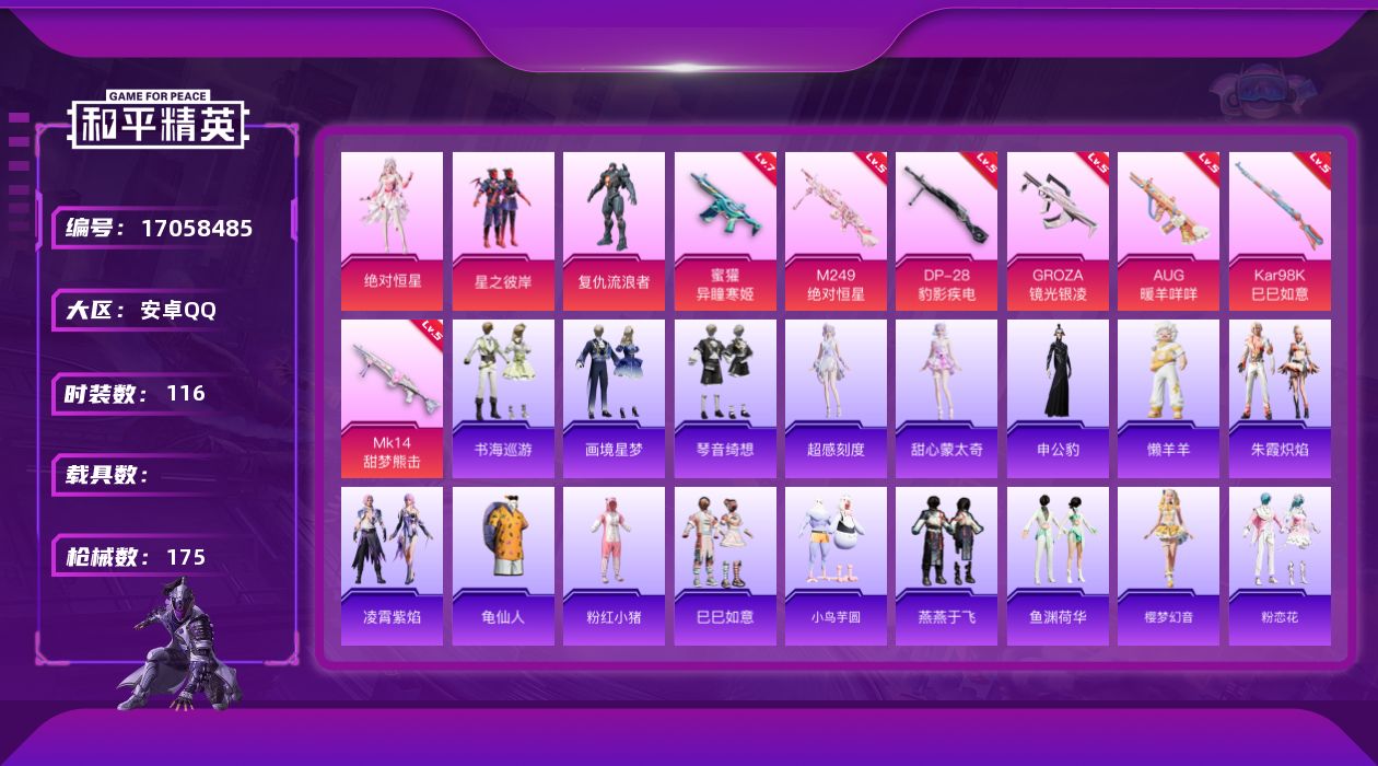 和平精英账号安卓QQ[17058485]安卓 手Q-3粉装-9特效枪-0载具-2粉色飞行器-50646热力值-6王牌印记-116套装-175枪皮
【热门品类】：套装-龟仙人，套装-粉红小猪
【粉色套装】：角色-绝对恒星，
