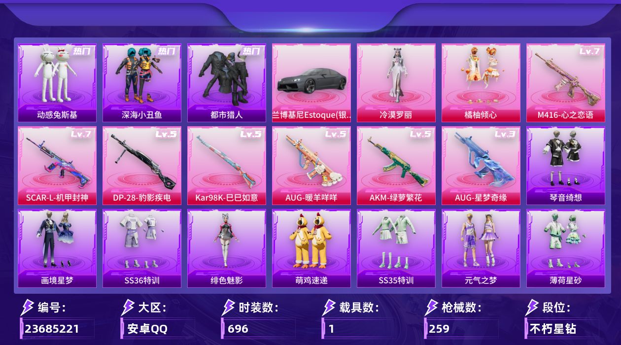 和平精英账号安卓QQ1载具-179套装-259枪皮-都市猎人 AUG-星梦奇缘3级 2稀有1载具2粉装10特效枪17热门