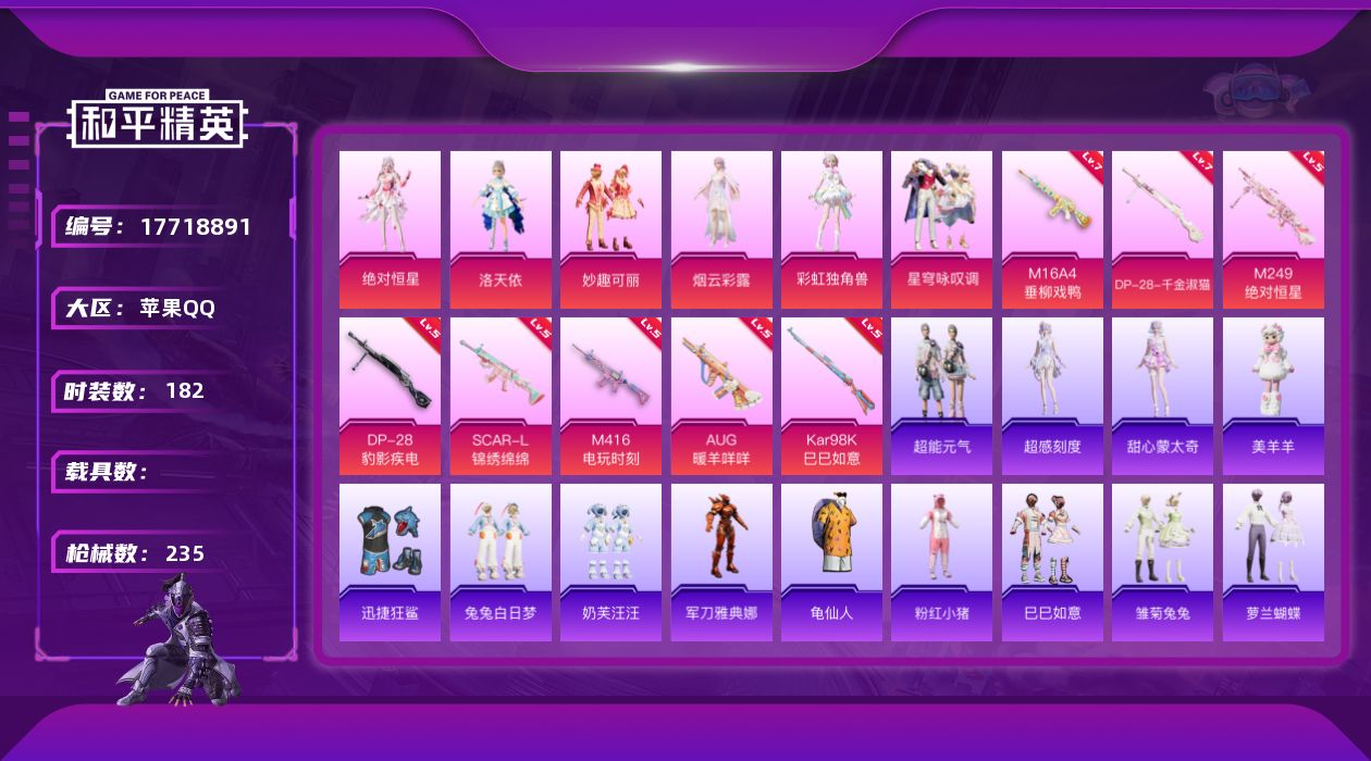 和平精英账号苹果QQ[17718891]苹果 手Q-8粉装-8特效枪-0载具-2粉色飞行器-80545热力值-7王牌印记-182套装-235枪皮
【热门品类】：角色-军刀雅典娜，套装-AG战队服，套装-龟仙人，套装-粉红