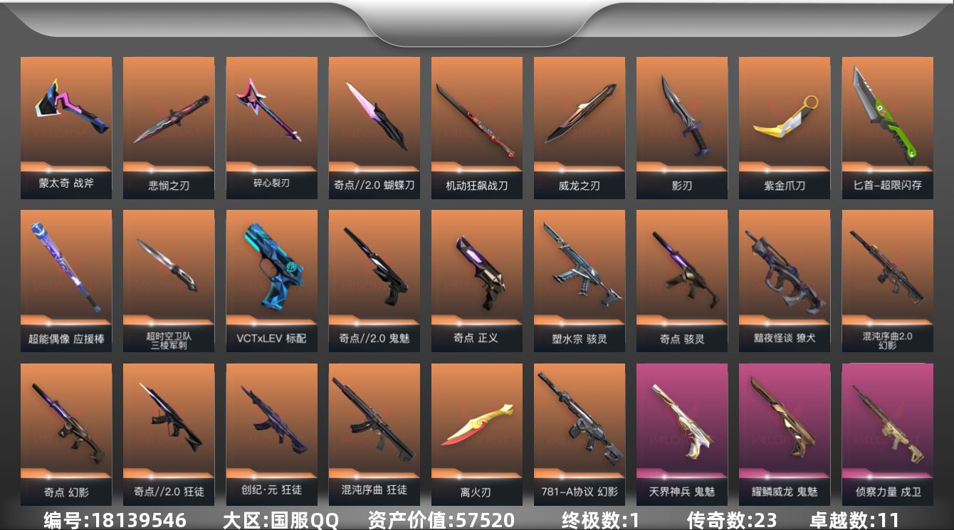 无畏契约账号QQ[18139546]23橙皮 1金皮 11紫皮 101皮肤 27英雄 129卡面 1355已用源晶 