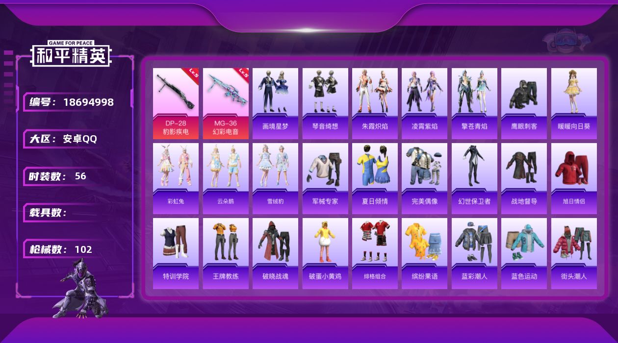 和平精英账号安卓QQ[18694998]安卓 手Q-0粉装-6特效枪-0载具-2粉色飞行器-22703热力值-5王牌印记-56套装-102枪皮
【粉色枪皮等级】：ACE32-萌骑漫游(四级)，UMP45-萌骑冒险(二级)