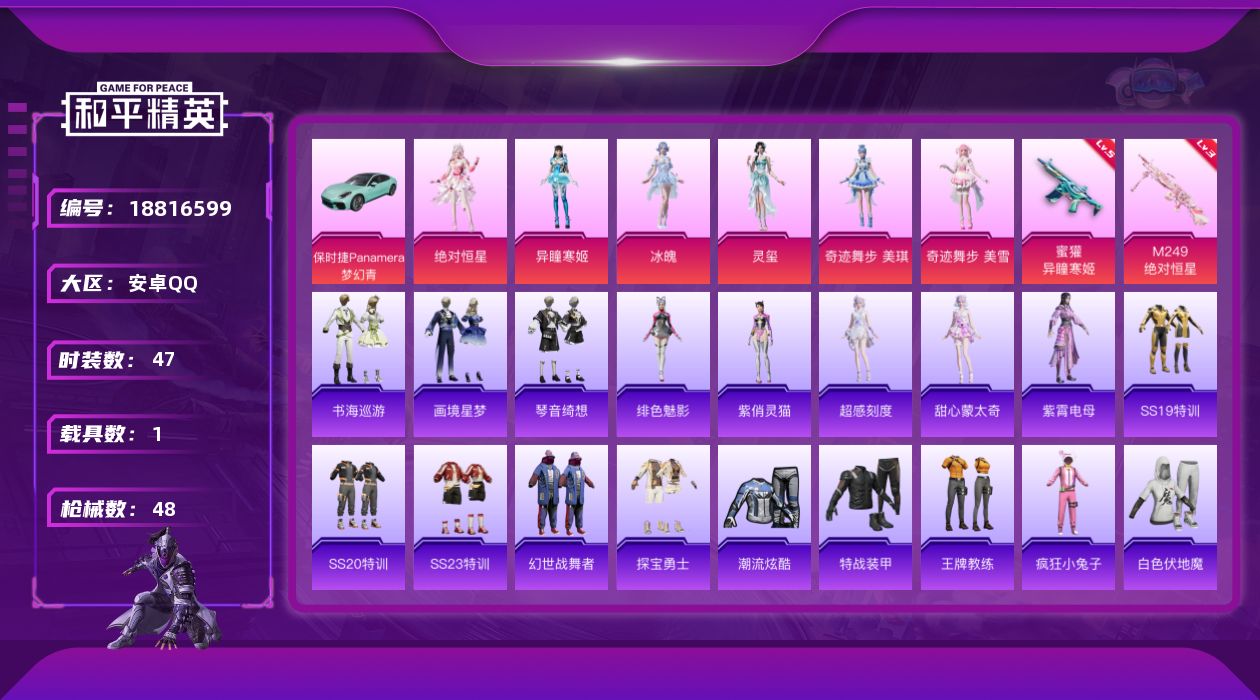 和平精英账号安卓QQ[18816599]安卓 手Q-7粉装-4特效枪-1载具-5粉色飞行器-19970热力值-5王牌印记-47套装-48枪皮
【粉色套装】：角色-绝对恒星，角色-奇迹舞步 美琪，角色-奇迹舞步 美雪，角色