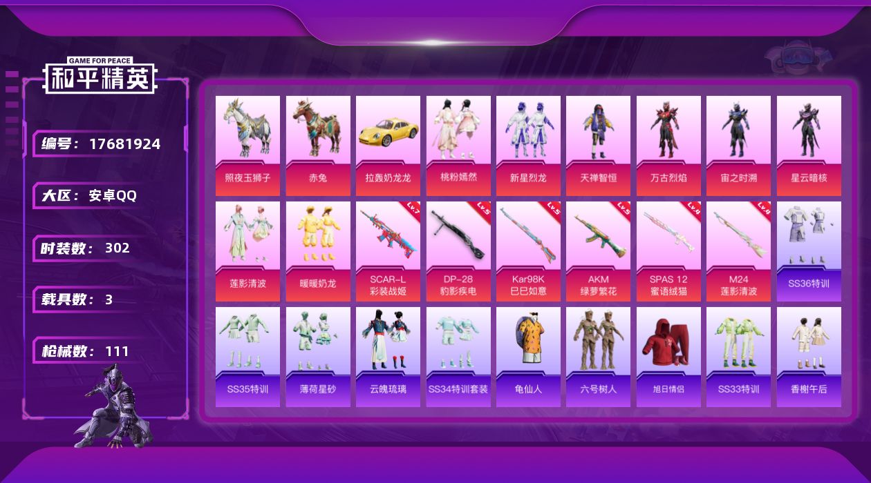 和平精英账号安卓QQ3载具-83套装-111枪皮-3载具8粉装6特效枪4热门83套装111枪皮 38985热力值 5印记
