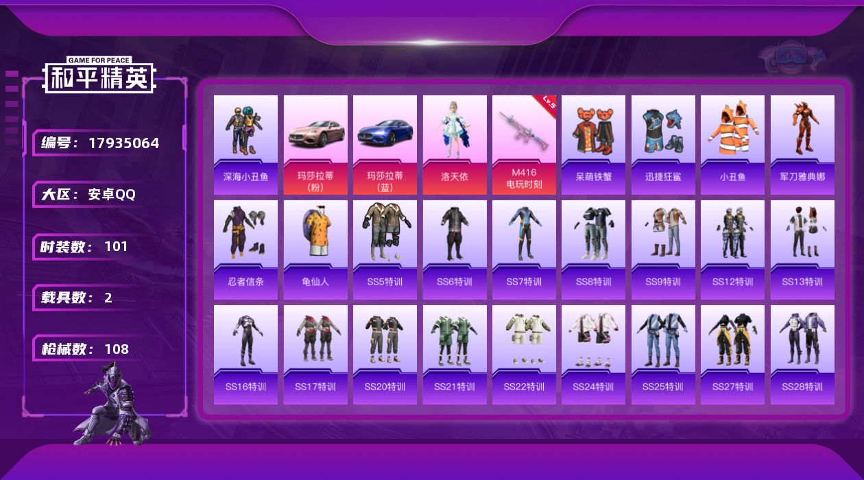 和平精英账号安卓QQ[17935064]【特价出售/店主推荐】安卓 手Q-1粉装-1特效枪-2载具-0粉色飞行器-34514热力值-1王牌印记-101套装-108枪皮
【热门品类】：套装-深海小丑鱼，套装-小丑鱼，角色-