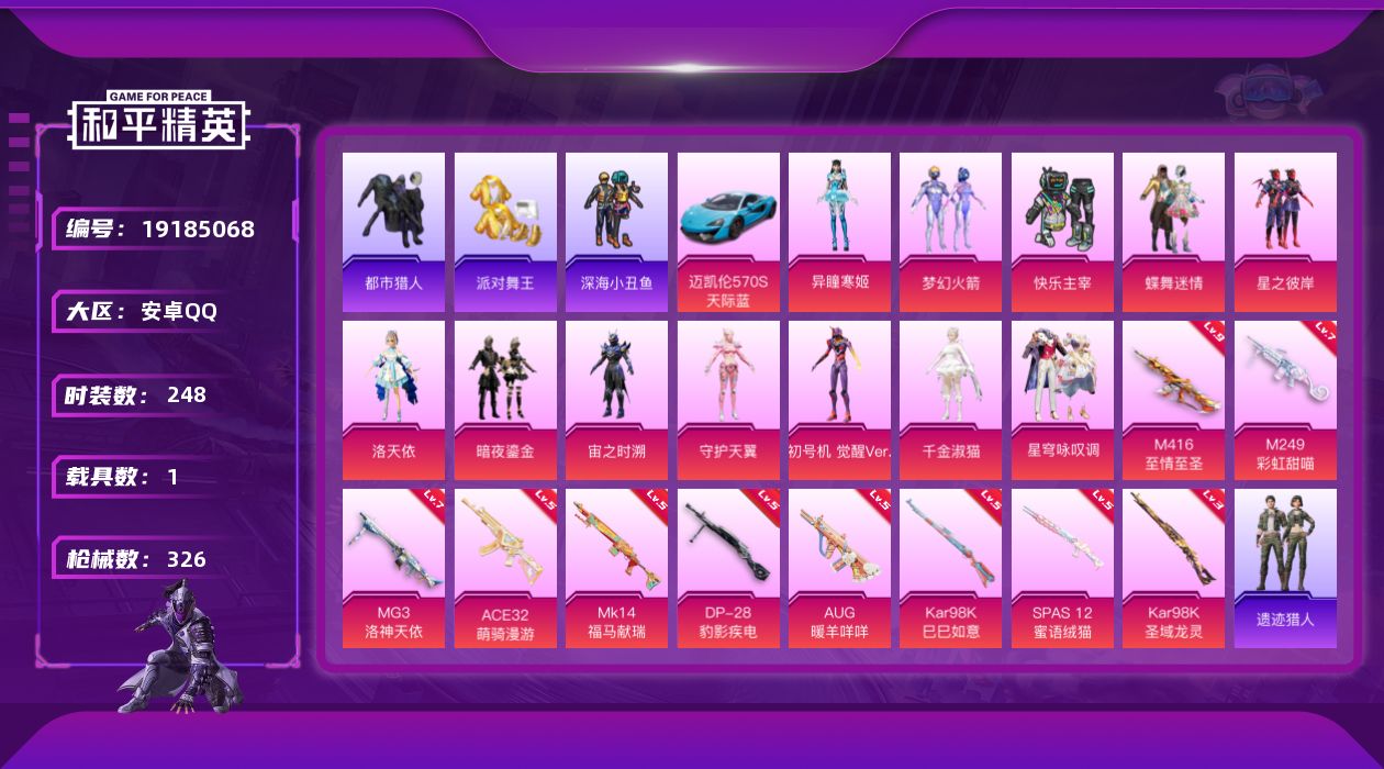 和平精英账号安卓QQ[19185068]248套装/枪械10/装备455/载具1/战备245/王牌印记19/热力值105305/九级M416-至情至圣/五级AUG-暖羊咩咩/五级ACE32-萌骑漫游/五级Kar98K-巳