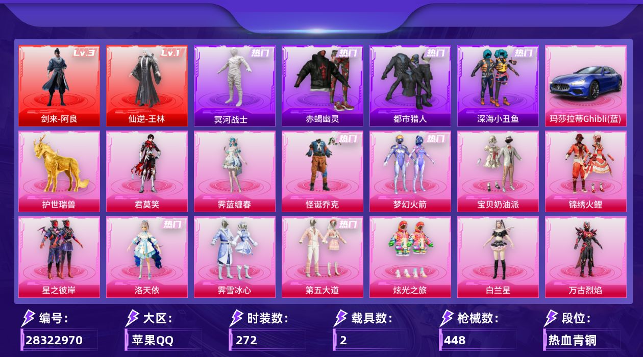 [28322970]苹果手Q-历史最高段位：绝世王牌18星-2神装-18粉装-24特效枪-2载具-14粉色飞行器-141461热力值-23王牌印记-272套装-448枪皮
【红色神装等级】：剑来-阿良(三级)，仙逆-王林(一级)
【红色角色神装】：剑来-阿良，仙逆-王林
【热门品类】：粉装-怪诞乔克，粉装-梦幻火箭，套装-浪漫天命，套装-赤蝎幽灵，套装-都市猎人，套装-冥河战士，套装-深海小丑鱼，套装-星河浪客，套装-龟仙人，套装-潮萌小黄鸭，套装-暗影哥特，套装-粉红小猪
【粉色套装】：粉装-怪诞乔克，粉装-宝贝奶油派，粉装-梦幻火箭，粉装-锦绣火鲤，粉装-星之彼岸，角色-洛天依，粉装-霁雪冰心，粉装-第五大道，粉装-炫光之旅，角色-白兰星，角色-万古烈焰，角色-宙之时溯，角色-星云暗核，角色-圣堂之誓，角色-萨利娅，角色-奇迹舞步 美琪，角色-霁蓝缠春，角色-君莫笑
【粉色枪皮等级】：SCAR-L-纯梦嫁纱(七级)，SCAR-L-锦绣绵绵(五级)，M416-五爪金龙(七级)，M416-墨龙九天(三级)，GROZA-镜光银凌(五级)，GROZA-圣辉之星(七级)，AUG-星之彼岸(一级)，AUG-星梦奇缘(九级)，AUG-许七安(一级)，AUG-暖羊咩咩(五级)，UMP45-量子极限(五级)，汤姆逊-玉魄流云(三级)，AKS-74U-森灵之息(五级)，Kar98K-巳巳如意(五级)，Mk14-樱桃泡泡(五级)，Mk14-甜梦熊击(五级)，Mk14-福马献瑞(三级)，AA12-G-其乐融融(五级)，M249-霁蓝缠春(一级)，DP-28-豹影疾电(五级)，MG3-洛神天依(五级)，MG-36-沧焰双生(五级)，M338-仙逆(一级)，破片手榴弹-招财进宝(五级)
【粉色载具】：玛莎拉蒂Ghibli（蓝），护世瑞兽
【粉色枪皮】：SCAR-L-纯梦嫁纱，SCAR-L-锦绣绵绵，M416-五爪金龙，M416-墨龙九天，GROZA-镜光银凌，GROZA-圣辉之星，AUG-星之彼岸，AUG-星梦奇缘，AUG-许七安，AUG-暖羊咩咩，UMP45-量子极限，汤姆逊-玉魄流云，AKS-74U-森灵之息，Kar98K-巳巳如意，Mk14-樱桃泡泡，Mk14-甜梦熊击，Mk14-福马献瑞，AA12-G-其乐融融，M249-霁蓝缠春，DP-28-豹影疾电，MG3-洛神天依，MG-36-沧焰双生，M33
