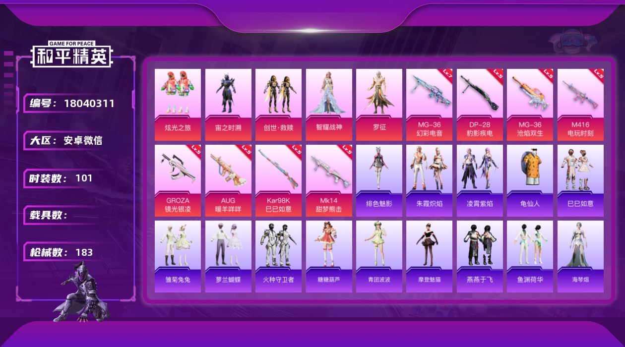 和平精英账号安卓微信[18040311]【特价出售/店主推荐】安卓 微信-5粉装-11特效枪-3粉色飞行器-52405热力值-10王牌印记-101套装-183枪皮【热门品类】：套装-龟仙人【粉色套装】：粉装-炫光之旅，角