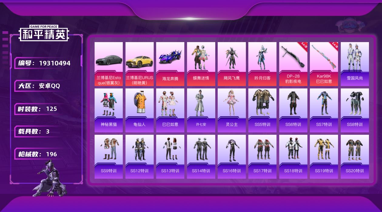 和平精英账号安卓QQ[19310494]125套装/枪械5/装备212/载具3/战备132/王牌印记10/热力值60066/五级AUG-罪夜之冕/一级ACE32-萌骑漫游/五级Kar98K-巳巳如意/五级MK14-福马献