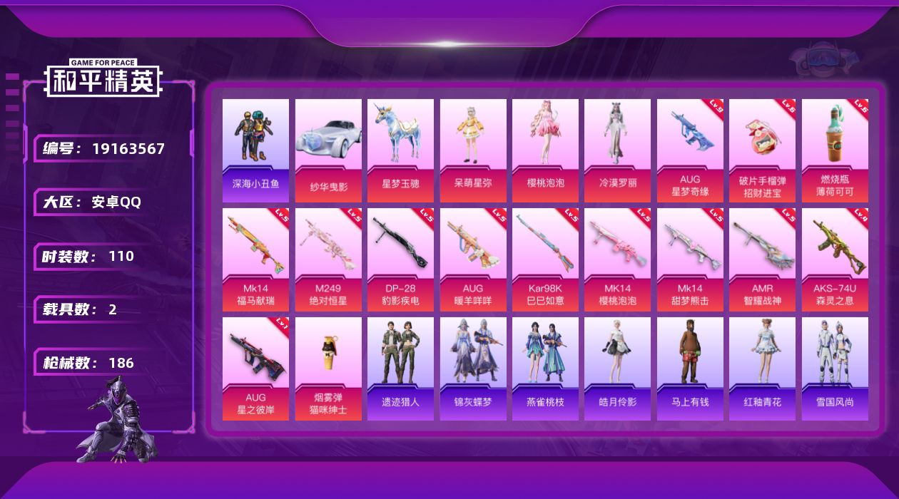 和平精英账号安卓QQ[19163567]110套装/枪械14/装备224/载具2/战备104/热力值57258/一级AUG-星之彼岸/九级AUG-星梦奇缘/五级AUG-暖羊咩咩/四级AKS-74U-森灵之息/五级Kar9