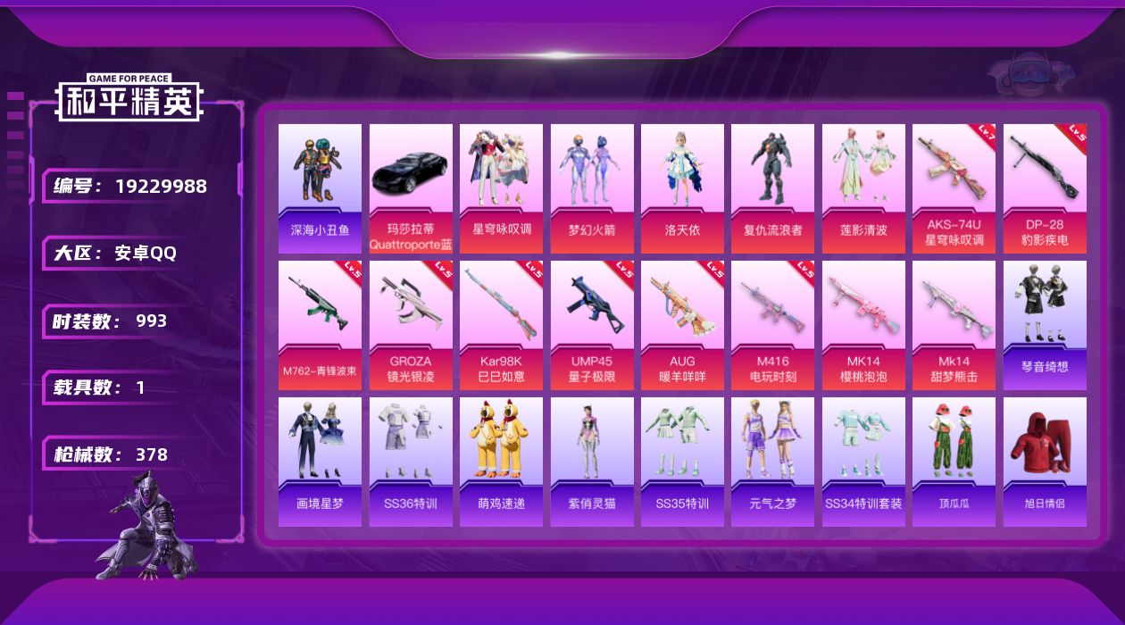 和平精英账号安卓QQ1载具-266套装-378枪皮-1载具5粉装18特效枪27热门266套装378枪皮 热力值 23印记