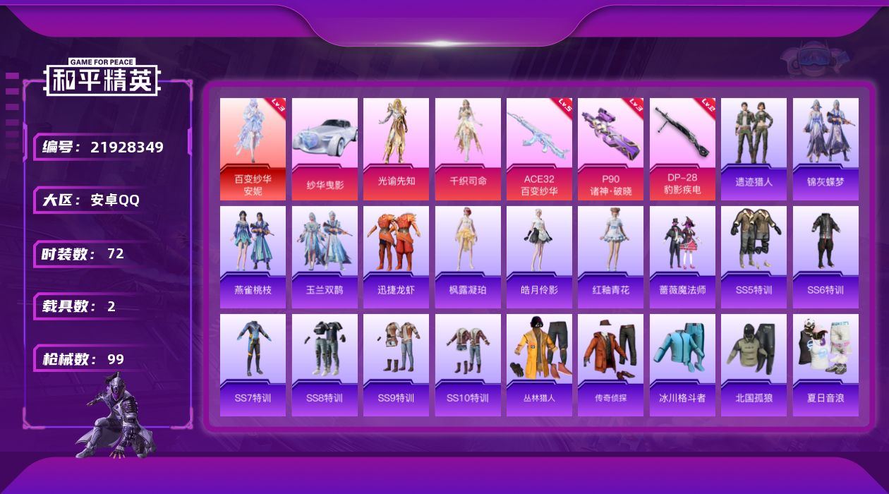和平精英账号安卓QQ[21928349]72套装/枪械7/装备121/载具2/战备71/王牌印记3/热力值36452/四级SCAR-L-云端童话/四级AUG-全息游灵/二级AC-VAL-君莫笑/五级ACE32-百变纱华/