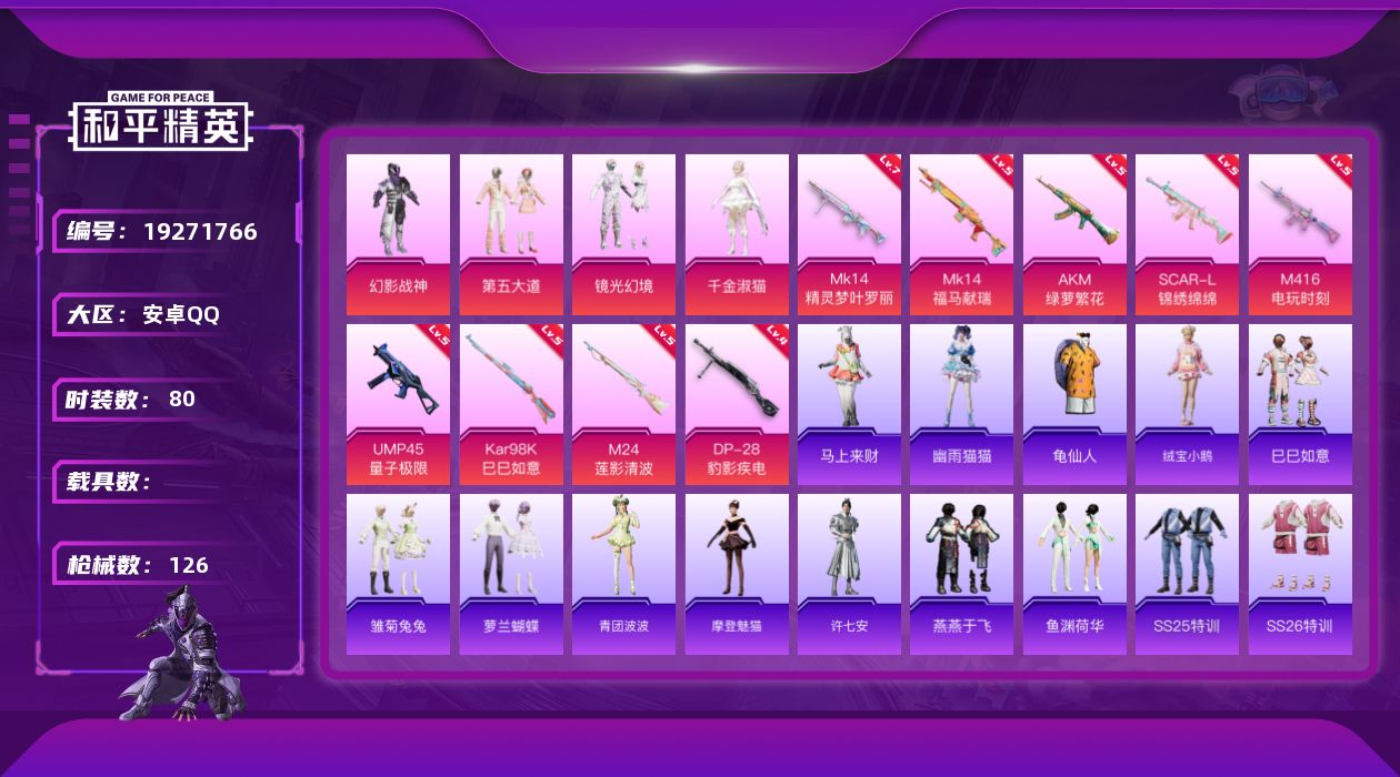 和平精英账号安卓QQ[19271766]安卓 手Q-4粉装-9特效枪-0载具-3粉色飞行器-37862热力值-1王牌印记-80套装-126枪皮
【热门品类】：套装-龟仙人
【粉色套装】：粉装-幻影战神，粉装-第五大道，粉