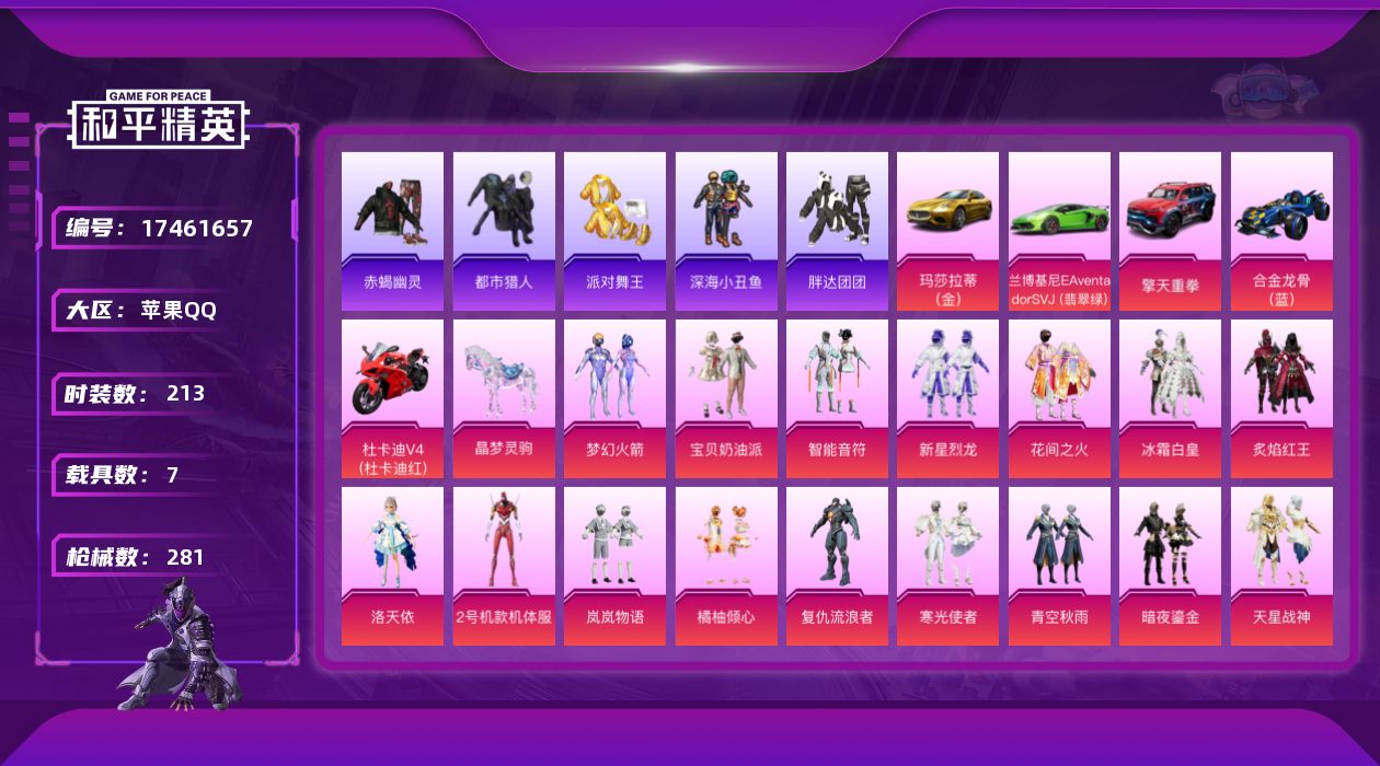 和平精英账号苹果QQ[17461657]极品素材号苹果 手Q-无敌战神框-21粉装-16特效枪-7载具-9粉色飞行器-104903热力值-14王牌印记-213套装-281枪皮【热门品类】：粉装-梦幻火箭，套装-浪漫天命，