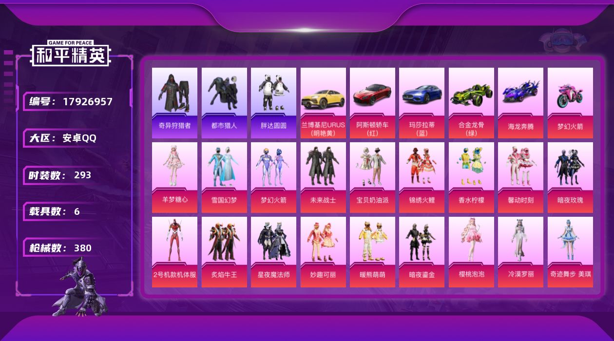 和平精英账号安卓QQ[17926957]安卓 手Q-18粉装-18特效枪-6载具-5粉色飞行器-135783热力值-22王牌印记-293套装-380枪皮
【热门品类】：粉装-雪国幻梦，粉装-梦幻火箭，套装-都市猎人，套装