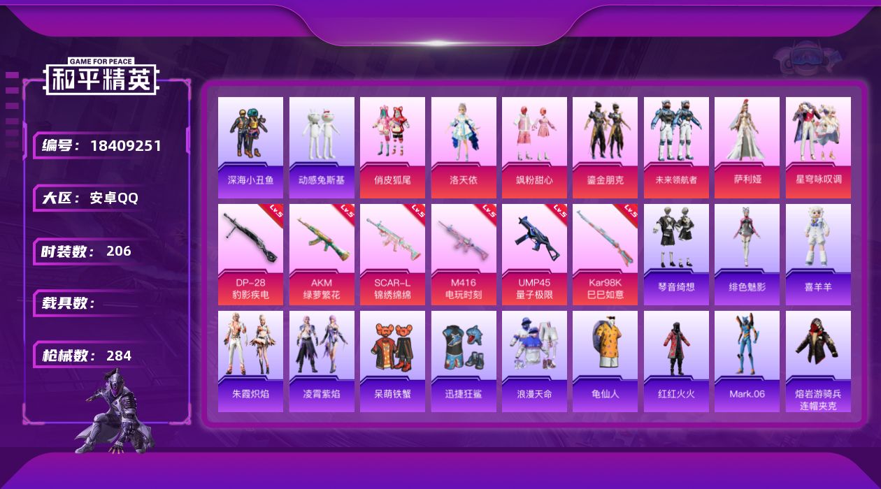 和平精英账号安卓QQ[18409251]安卓 手Q-7粉装-8特效枪-0载具-5粉色飞行器-81126热力值-12王牌印记-206套装-284枪皮
【热门品类】：套装-浪漫天命，套装-深海小丑鱼，套装-动感兔斯基人偶服，