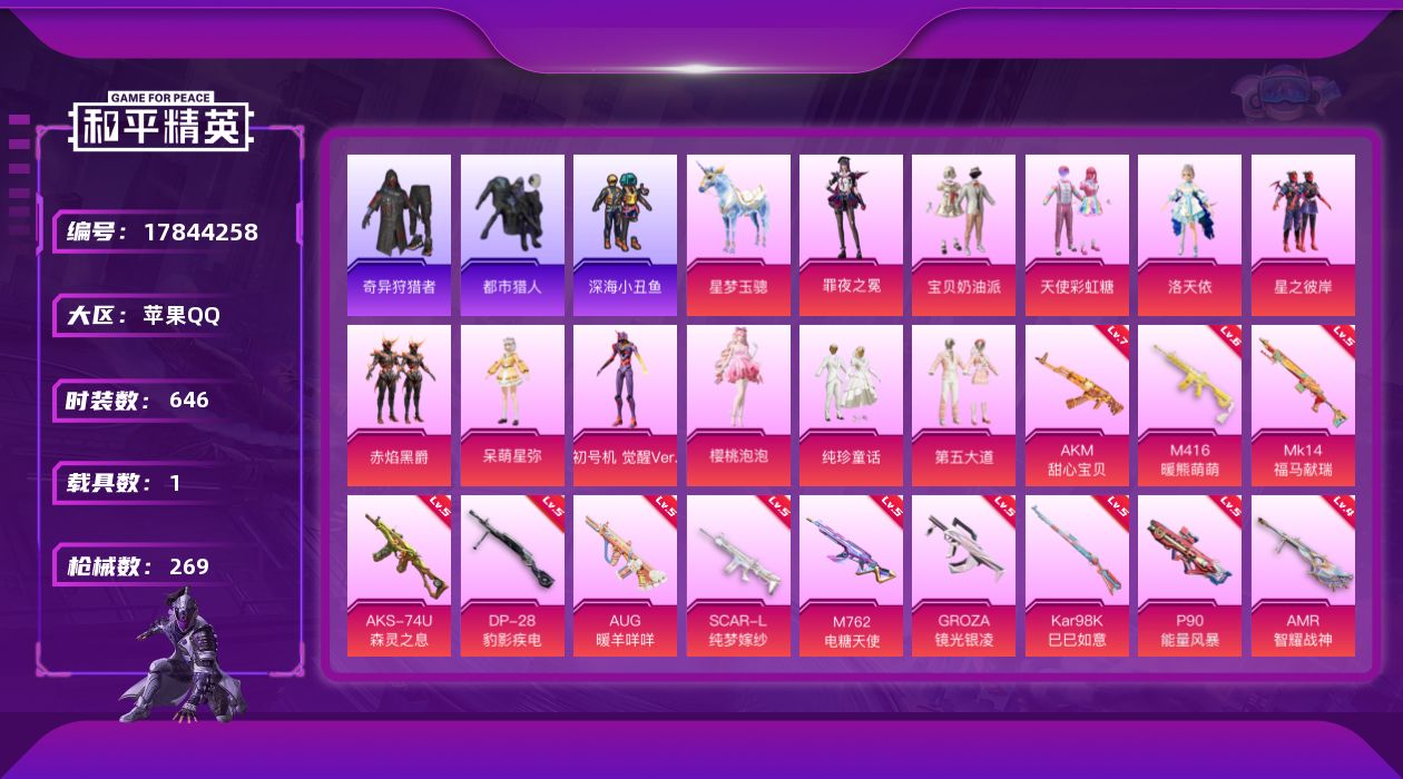 和平精英账号苹果QQ11粉装 14特效枪 1载具 15印记 可二次 可修改实名 
【热门装扮】樱桃泡泡,奇异狩猎者,罪夜