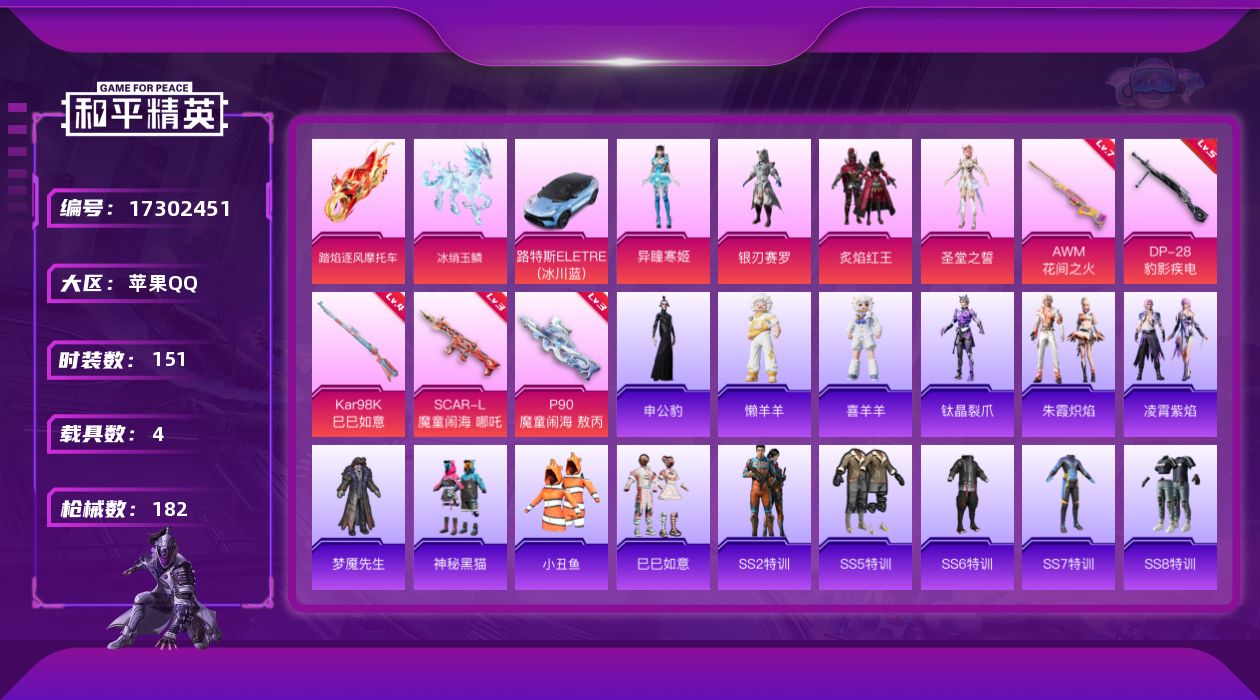 和平精英账号苹果QQ[17302451]【店主推荐捡漏号！可直接换绑】苹果 手Q-4粉装-5特效枪-4载具-5粉色飞行器-63421热力值-5王牌印记-151套装-182枪皮【热门品类】：套装-小丑鱼【粉色套装】：粉装-