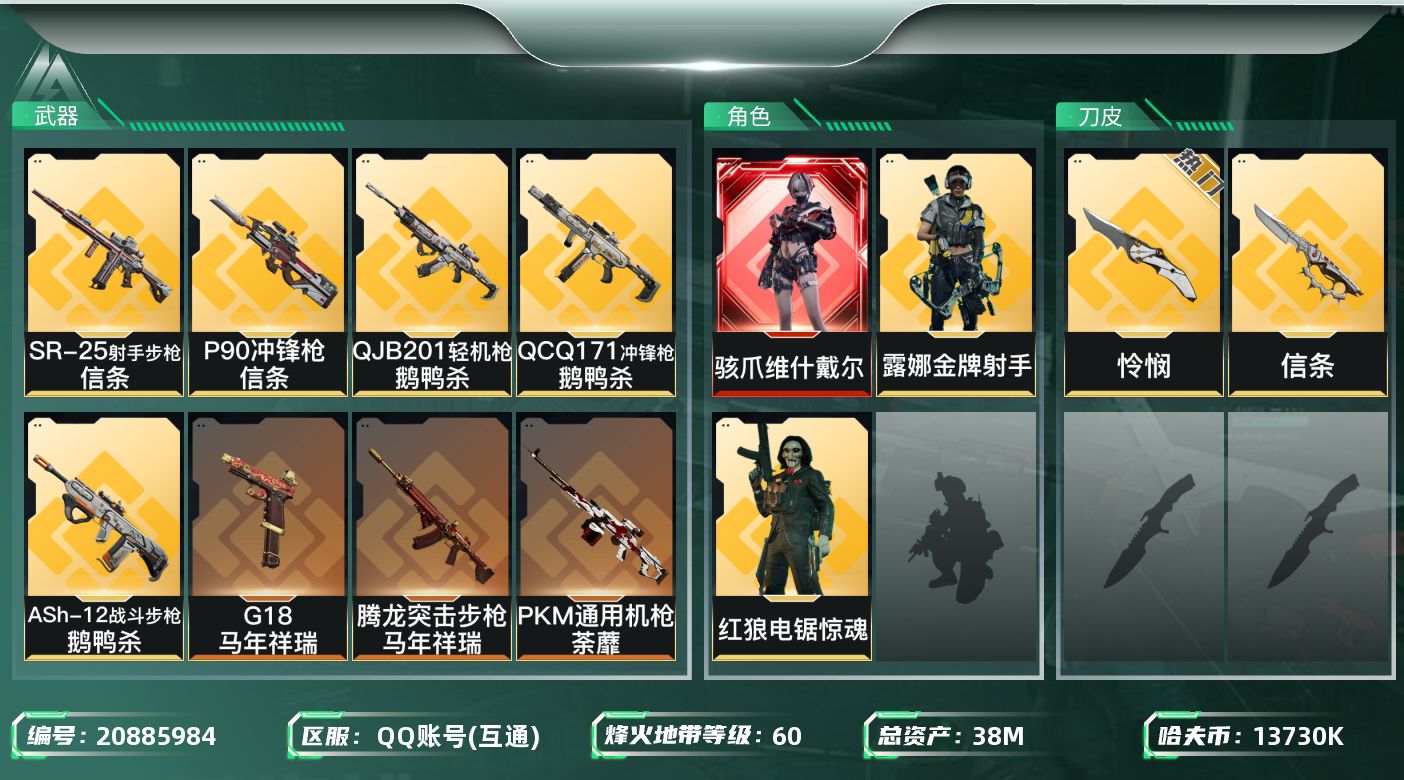 三角洲行动账号QQ【SJZEHC1107】EHC10105 维什戴尔，两金皮，怜悯，信条
38m总资产-13730k哈