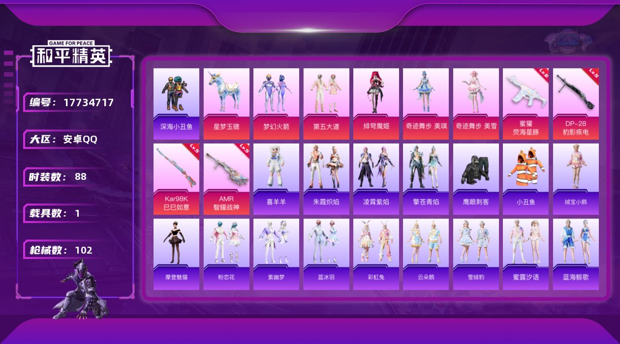 和平精英账号安卓QQ[17734717]【店主推荐捡漏号！可直接换绑】安卓 手Q-5粉装-6特效枪-1载具-2粉色飞行器-33685热力值-6王牌印记-88套装-102枪皮【热门品类】：粉装-梦幻火箭，套装-深海小丑鱼，