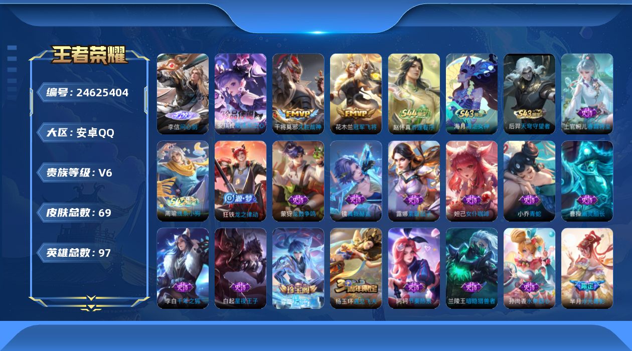 王者荣耀账号安卓QQ贵族6 无双1 珍品传说1 传说皮肤2 史诗皮肤25 皮肤数量69 皮肤价值:44696 英雄96 非凡王者 总场次995