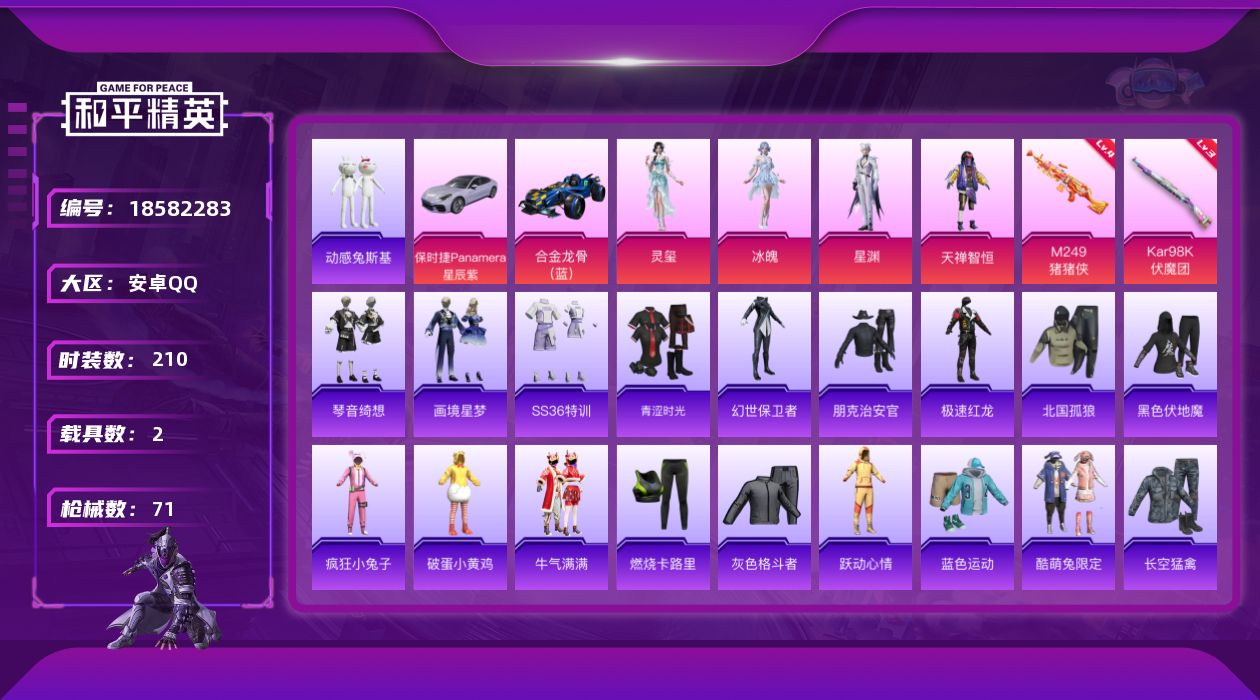 和平精英账号安卓QQ2载具-45套装-71枪皮-2载具4粉装3特效枪4热门45套装71枪皮 23834热力值 历史不朽星