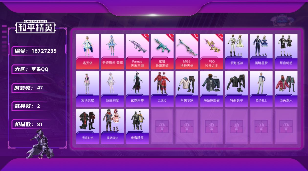 和平精英账号苹果QQ[18727235]苹果 手Q-4粉装-11特效枪-2载具-7粉色飞行器-30931热力值-4王牌印记-47套装-81枪皮
【粉色套装】：角色-洛天依，角色-奇迹舞步 美琪，角色-虎痴许褚，角色-永恒