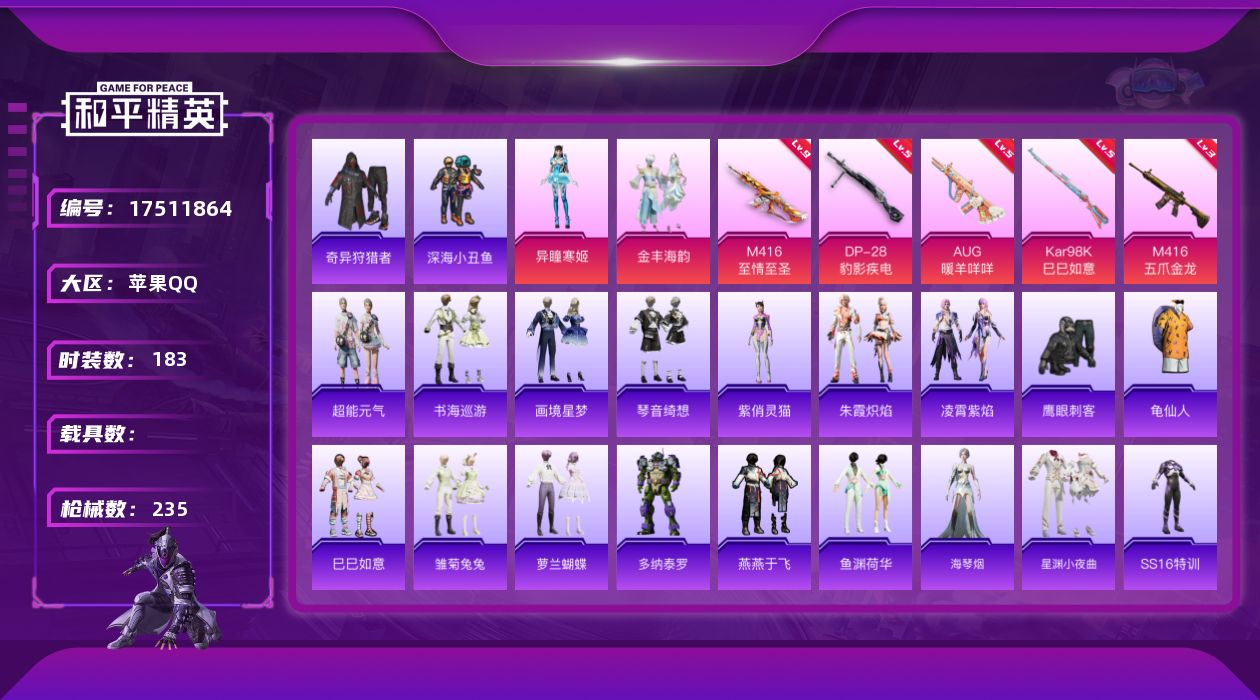 和平精英账号苹果QQ[17511864]可二次【特价出售/店主推荐】 绝世印记3 苹果 手Q-4粉装-12特效枪-2粉色飞行器-7w热力值-20王牌印记-183套装-235枪皮【热门品类】：套装-深海小丑鱼，套装-奇异狩