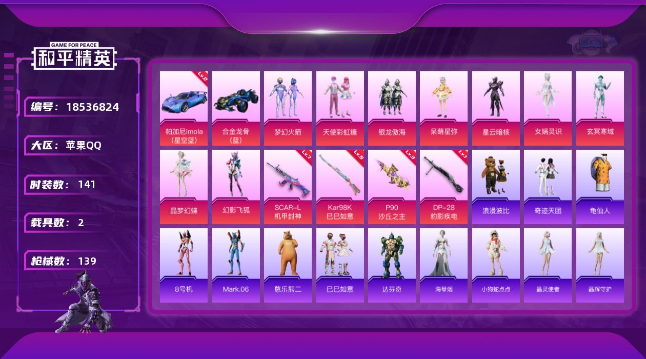 和平精英账号苹果QQ[18536824]苹果 手Q-9粉装-4特效枪-2载具-4粉色飞行器-52931热力值-10王牌印记-141套装-139枪皮
【红色载具】：帕加尼imola（星空蓝）(二级)
【热门品类】：粉装-梦