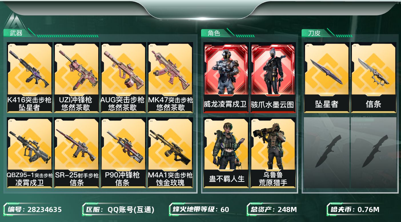 三角洲行动账号QQ[28234635]【终身售后 找回包赔】QQ包人脸，【总资产】：248M，【烽火段位】：无段位，【