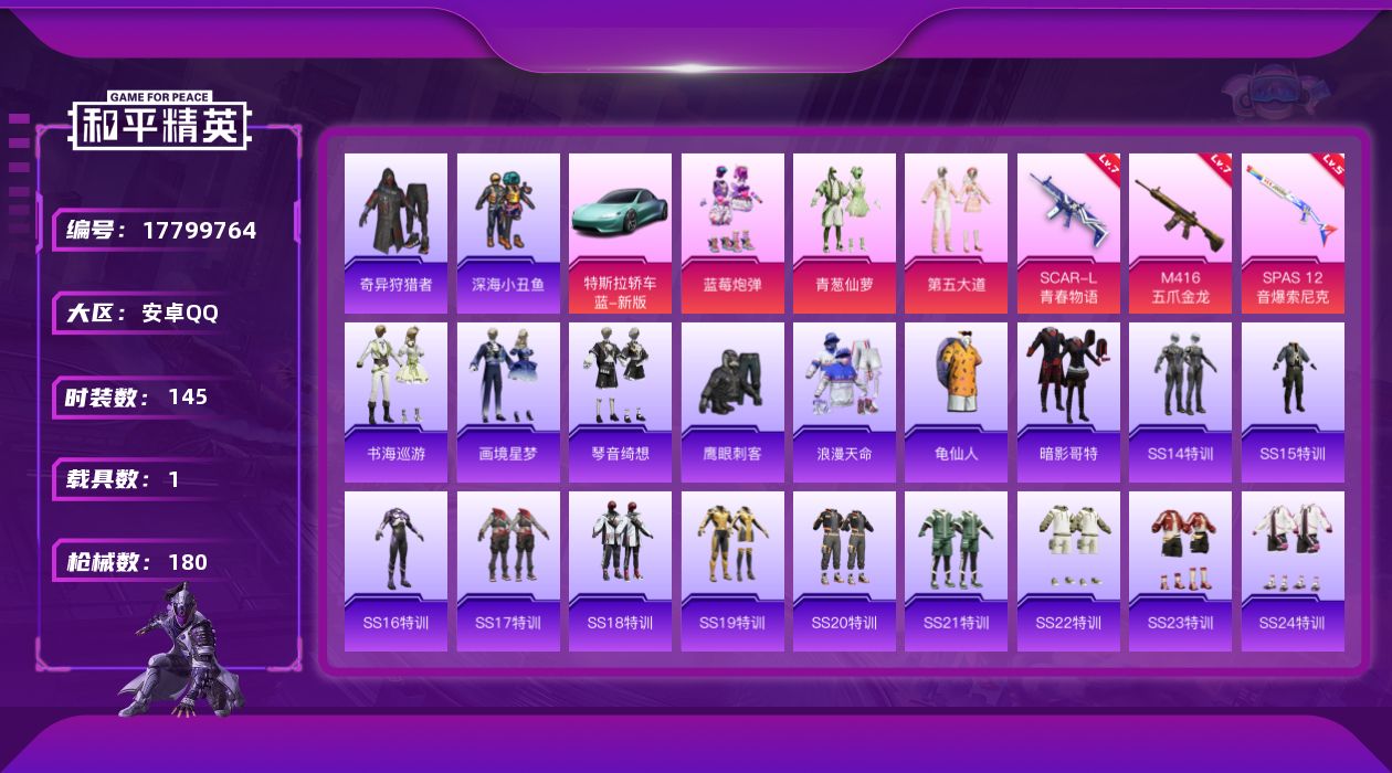 和平精英账号安卓QQ时装数: 551 载具数: 1 枪械数: 180 战备数: 129 热门装扮: 奇异狩猎者,深海小丑