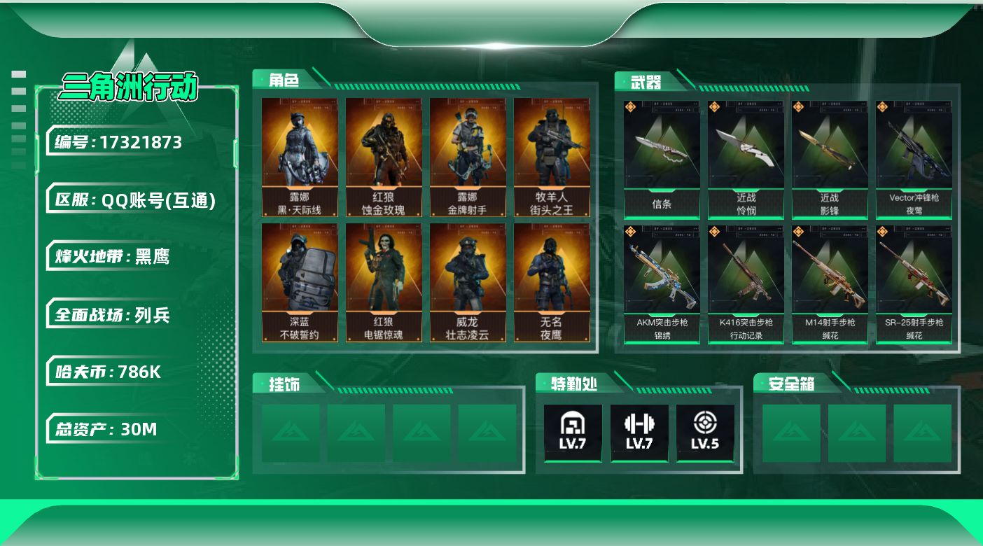 三角洲行动账号QQ【4445】30m总资产-786k哈伏币-60烽火等级-黑鹰-29战场等级-列兵
【干员外观】：红狼