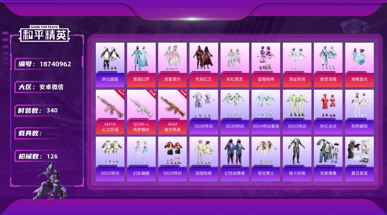 和平精英账号安卓微信0载具-94套装-126枪皮-1稀有8粉装3特效枪16热门94套装126枪皮 46769热力值 16
