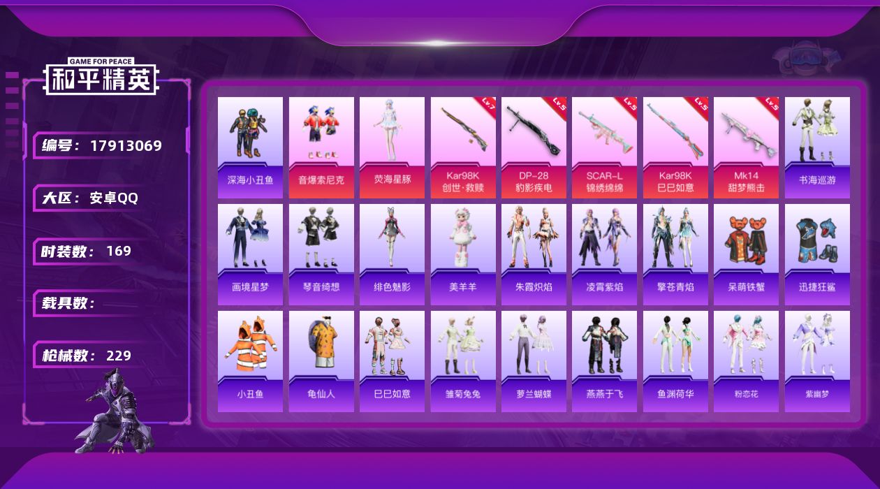 和平精英账号安卓QQ[17913069]安卓 手Q-2粉装-7特效枪-0载具-0粉色飞行器-63714热力值-13王牌印记-169套装-229枪皮
【热门品类】：粉装-音爆索尼克，套装-深海小丑鱼，套装-小丑鱼，套装-龟