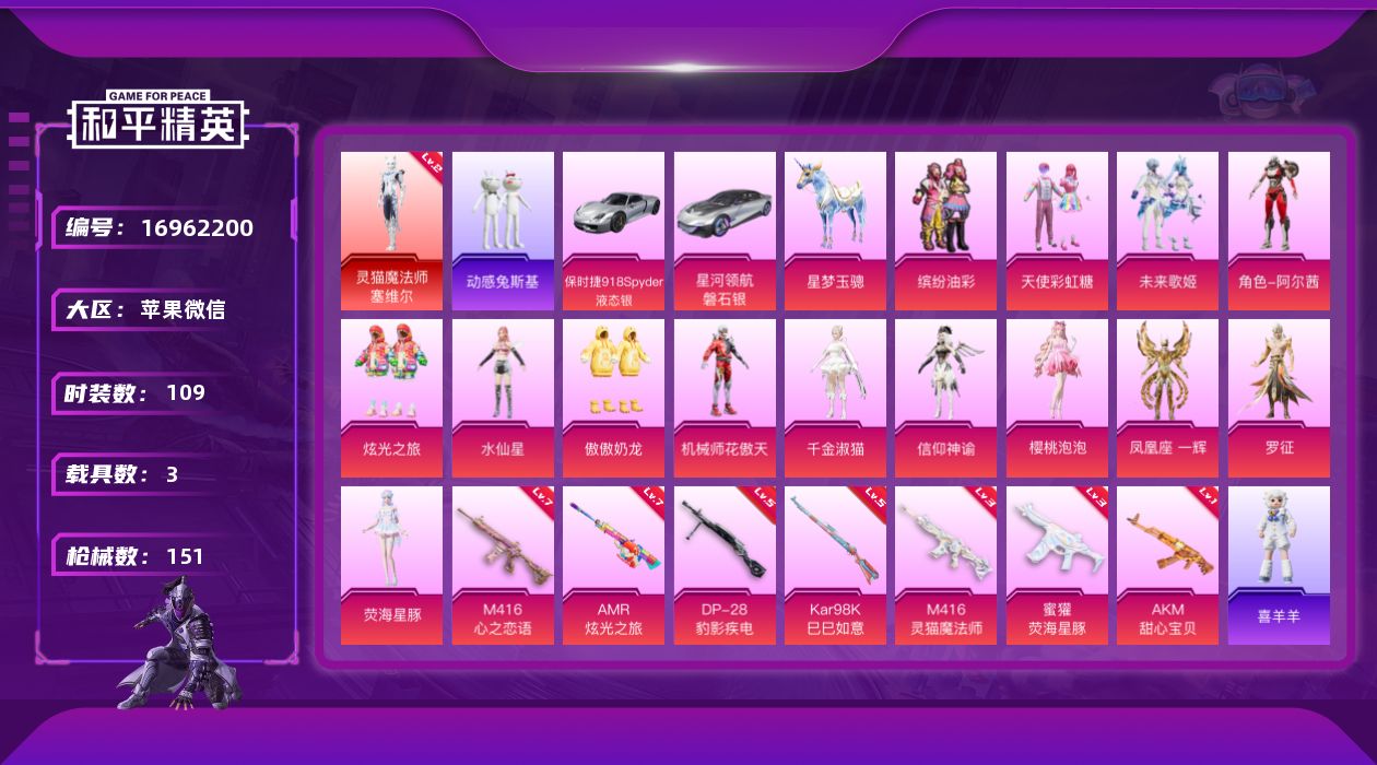 和平精英账号苹果微信[16962200]DAS8883可二次 苹果V-1红装3载具15粉装7特效枪3热门109套装151枪皮 56629热力值 10印记 历史传奇王牌20星  灵猫魔法师-塞维尔 (2级) 天使彩虹糖 缤