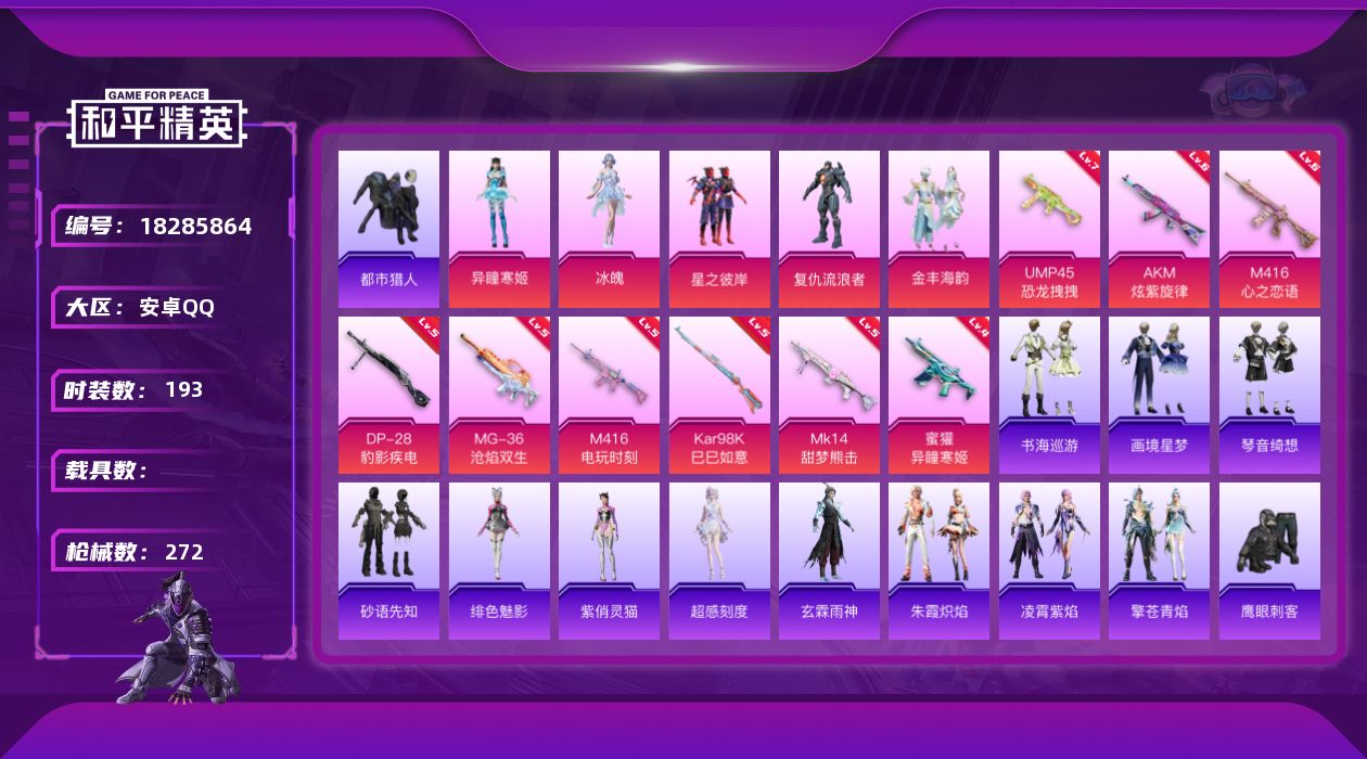 和平精英账号安卓QQ[18285864]安卓 手Q-5粉装-13特效枪-0载具-3粉色飞行器-79951热力值-20王牌印记-193套装-272枪皮
【热门品类】：套装-都市猎人，套装-小丑鱼，套装-粉红小猪
【粉色套装